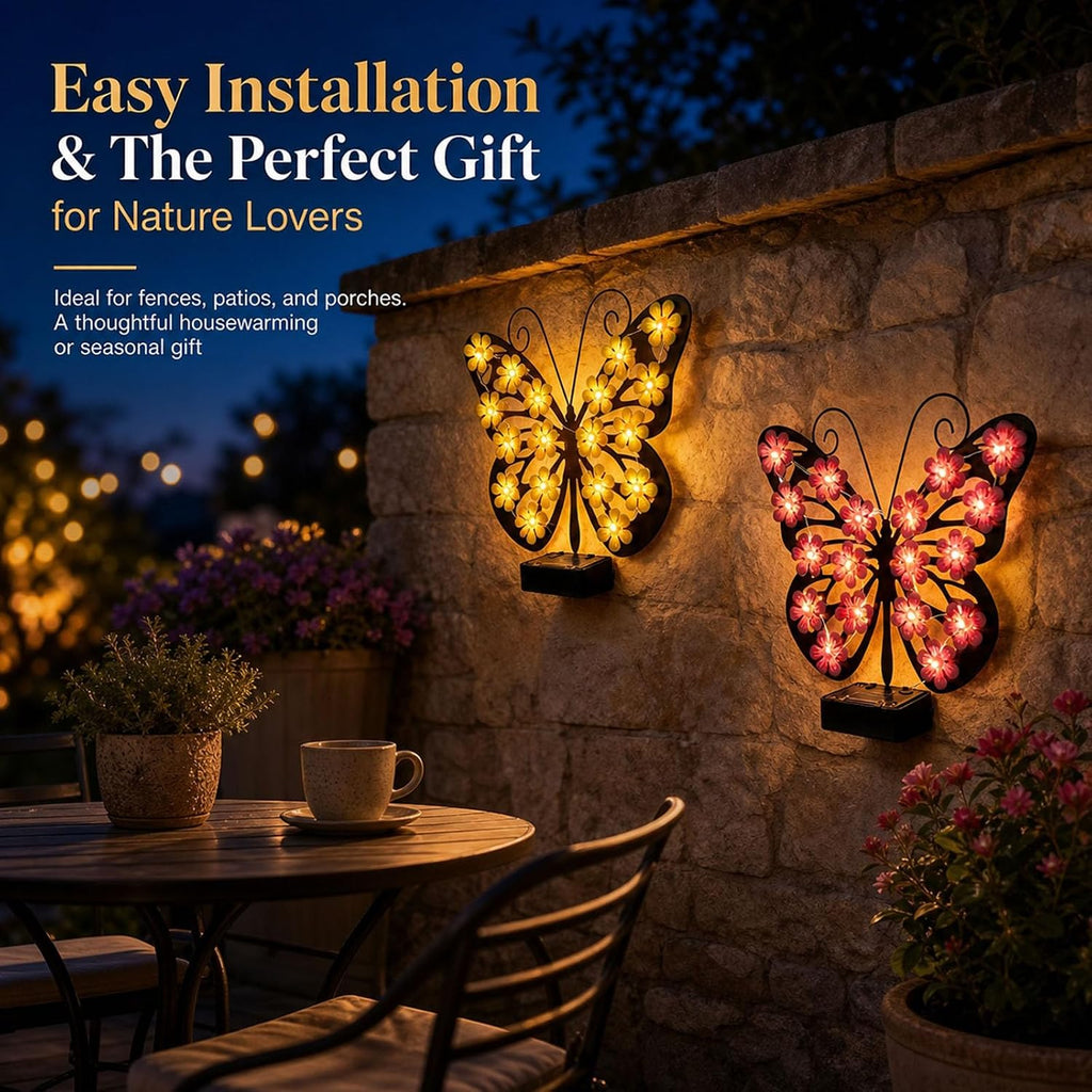Solar Butterfly Wall Lights Outdoor, Solar Lights Outdoor Metal Butterfly Wall Decor, Warm Glow Patio Yard Decor Gift for Her (Yellow*2)