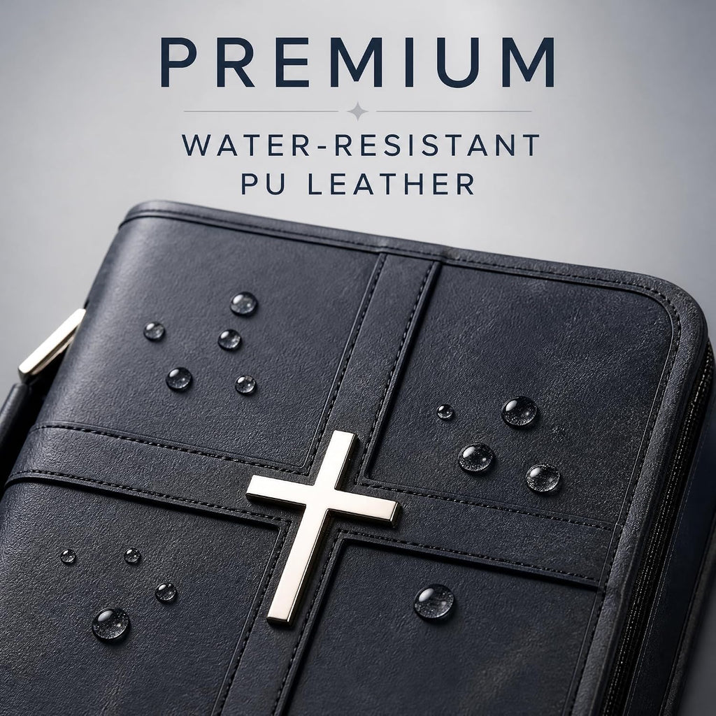 Vegan Leather Bible Cover for Men Women, Black Bible Case with Zipper Handle