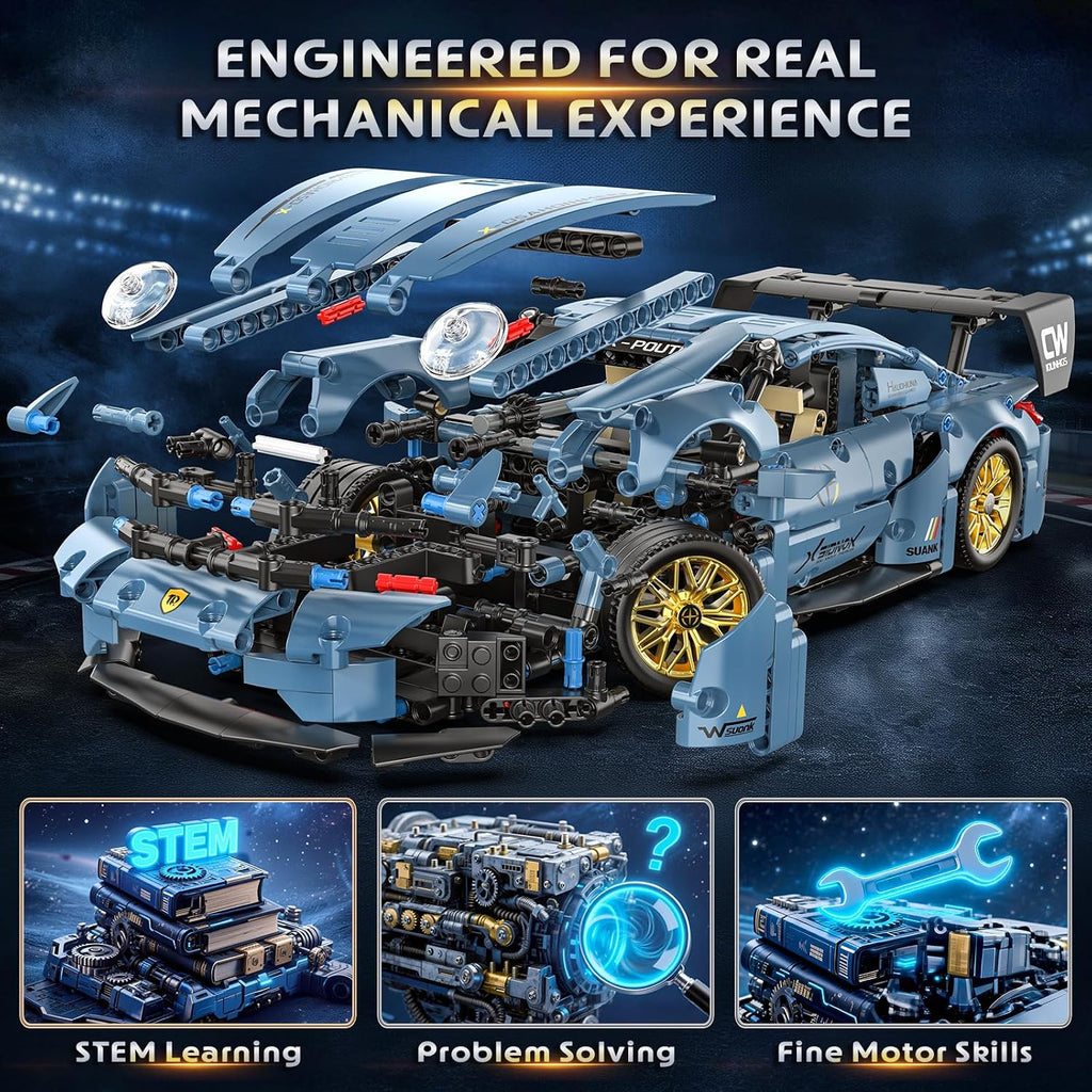 1:14 Blue Race Car Building Blocks, 973-Piece Supercar Model Kit