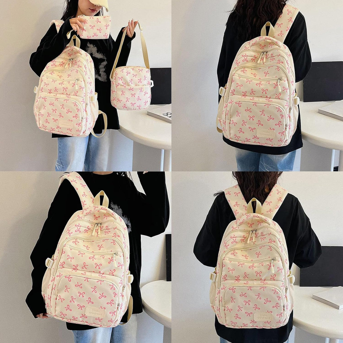 Bow Backpack 3 Piece Set, Coquette Backpack Cute Kawaii Daypack, Preppy Backpacks for School Travel College Daily Use