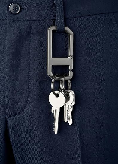 Alvar Nero Keyring Carabiner with Practical Click Closure Includes Two Key Rings Cast Metal Gunmetal in Puristic Design and with Clever Mechanics