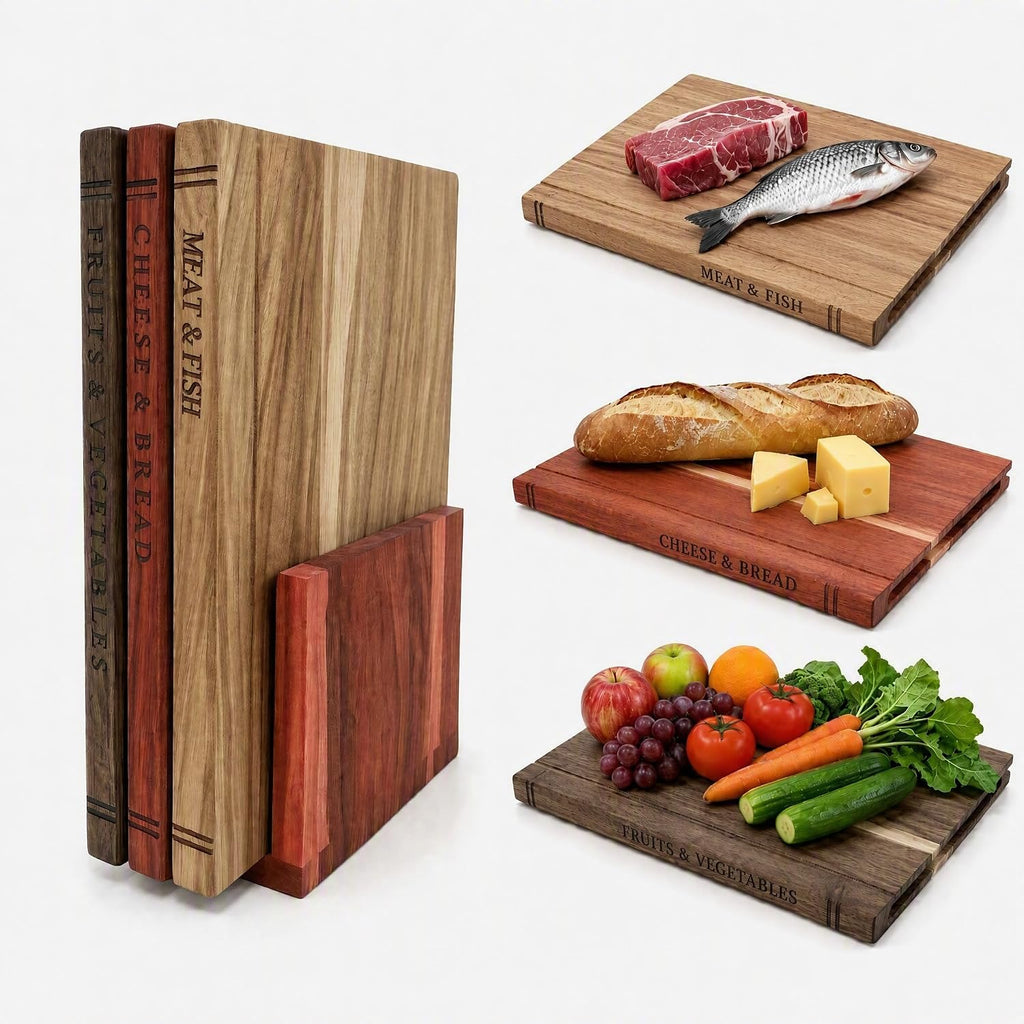 Book Cutting Board Set with Stand, Acacia Wood Boards That Look Like Books