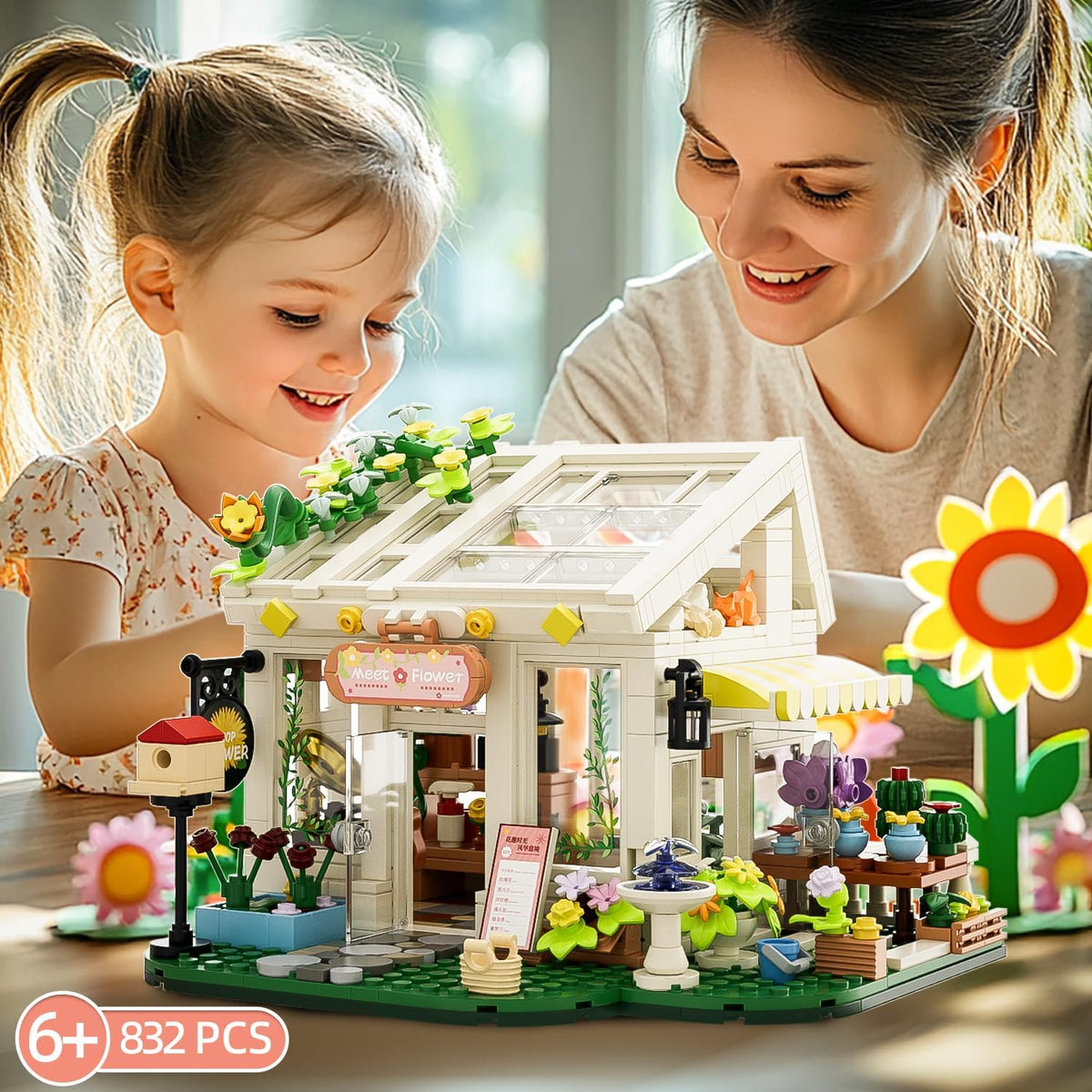 Flower House Building Blocks, Botanical Greenhouse Set with LED Light, 832 Pieces