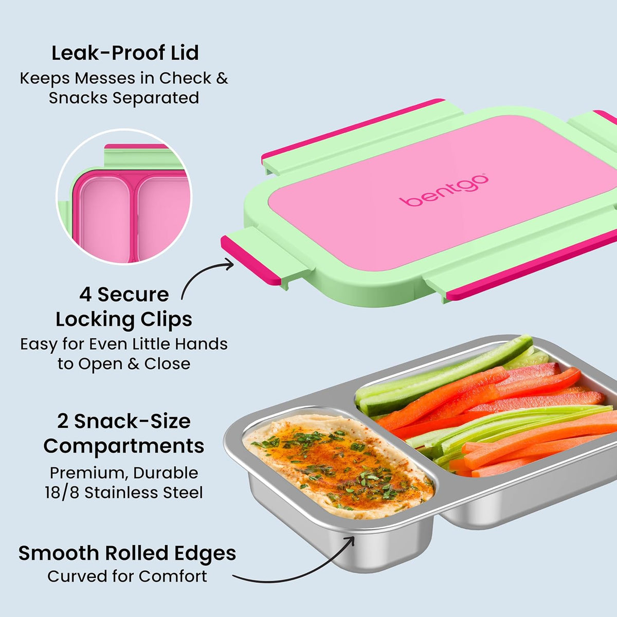 Stainless Steel Snack Box, Leak-Proof, 2 Compartments, 2-Cup Capacity