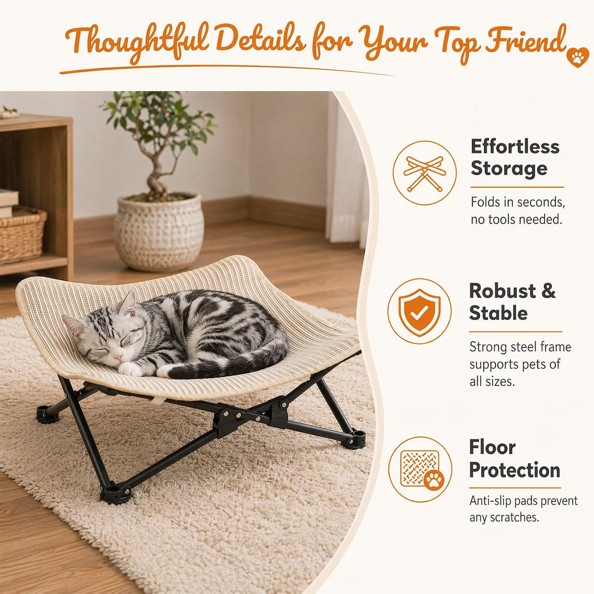 Elevated Cat Bed, Foldable Cat Hammock with Sisal Scratching Surface