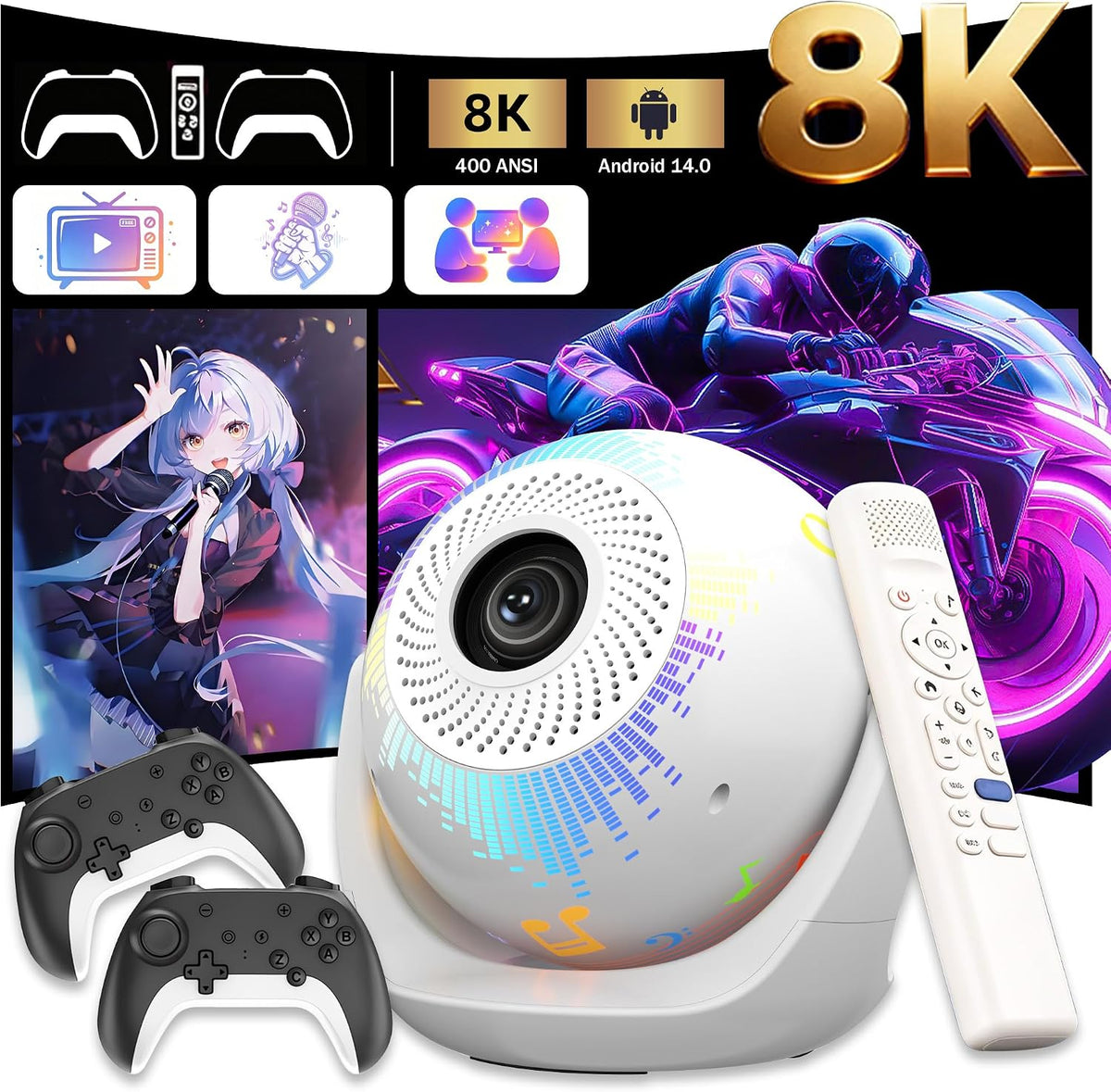U6 5-in-1 Mini Projector, Karaoke & Gaming Projector with Bluetooth, Mic & Voice Remote