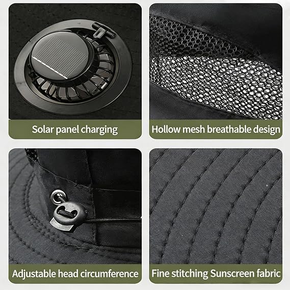Solar Fan Hat, Wide Brim Sun Hat with Fan, 3 Speed Cooling Airflow for Fishing Camping Hiking Gardening Beach Travel