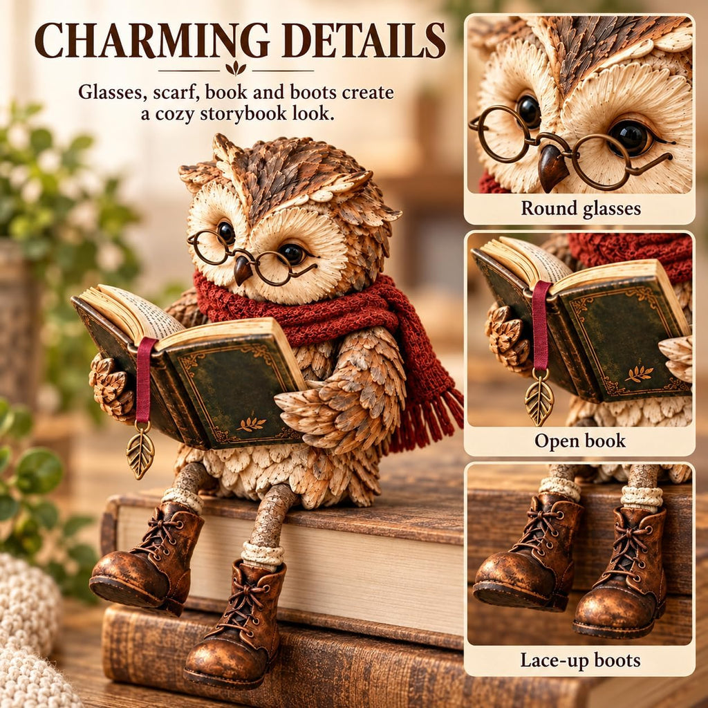 Reading Owl Figurine with Book, Owl Statue for Bookshelf Decor, 15x10x18 cm Reading owl figurine with book for bookshelf, desk, reading nook, shelf, and home decor; 15 x 10 x 18 cm, 240 g.