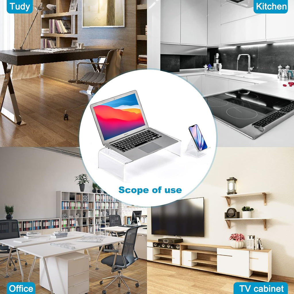 Acrylic Monitor Stand, Clear Laptop Riser with Phone Stand, 16 x 8 x 4 in