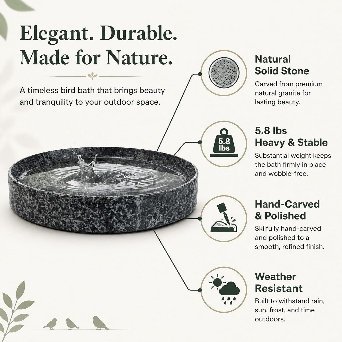 Stone Bird Bath Bowl, 10-Inch Heavy Duty Outdoor Bird Feeder