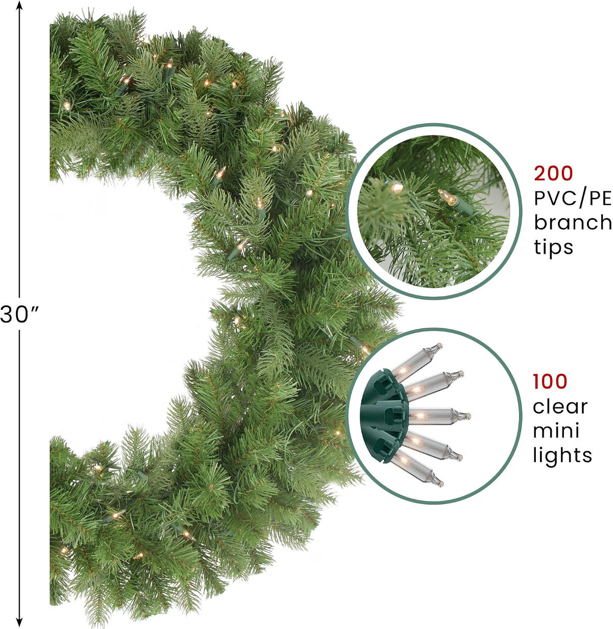 Pre-Lit Noble Fir Artificial Christmas Wreath - 30-Inch, Clear Lights