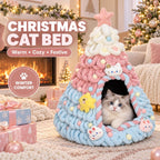 Christmas Tree Cat Bed Cave with Felt and Gauze，Pink