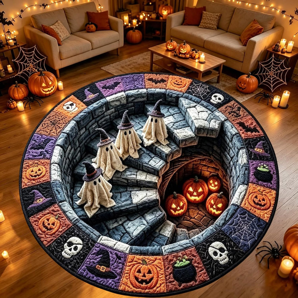 3D Haunted Staircase Round Rug – Spooky Halloween Optical Illusion，B-120cm