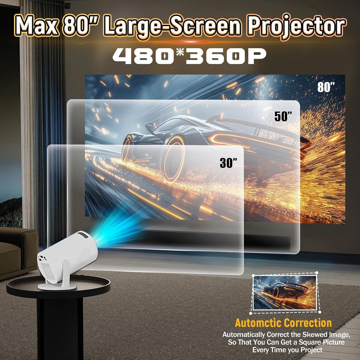 V4 Mini Projector, Portable Smart Projector with 2.4G WiFi