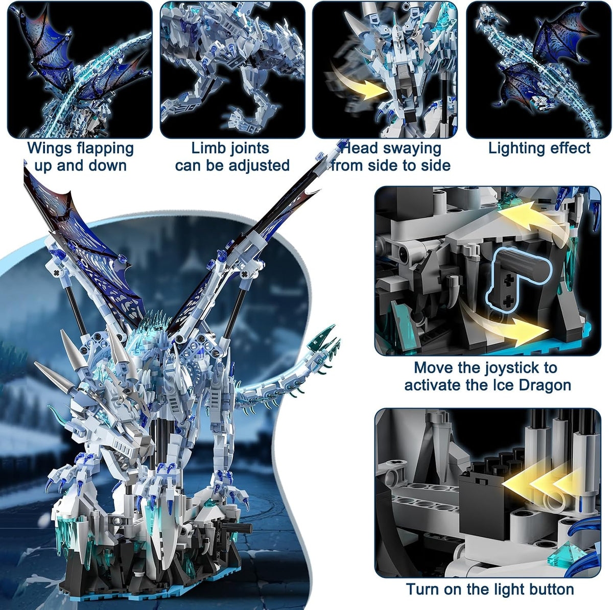 Mechanical Ice Dragon Building Blocks, 1,646-Piece Model Kit with LED Light