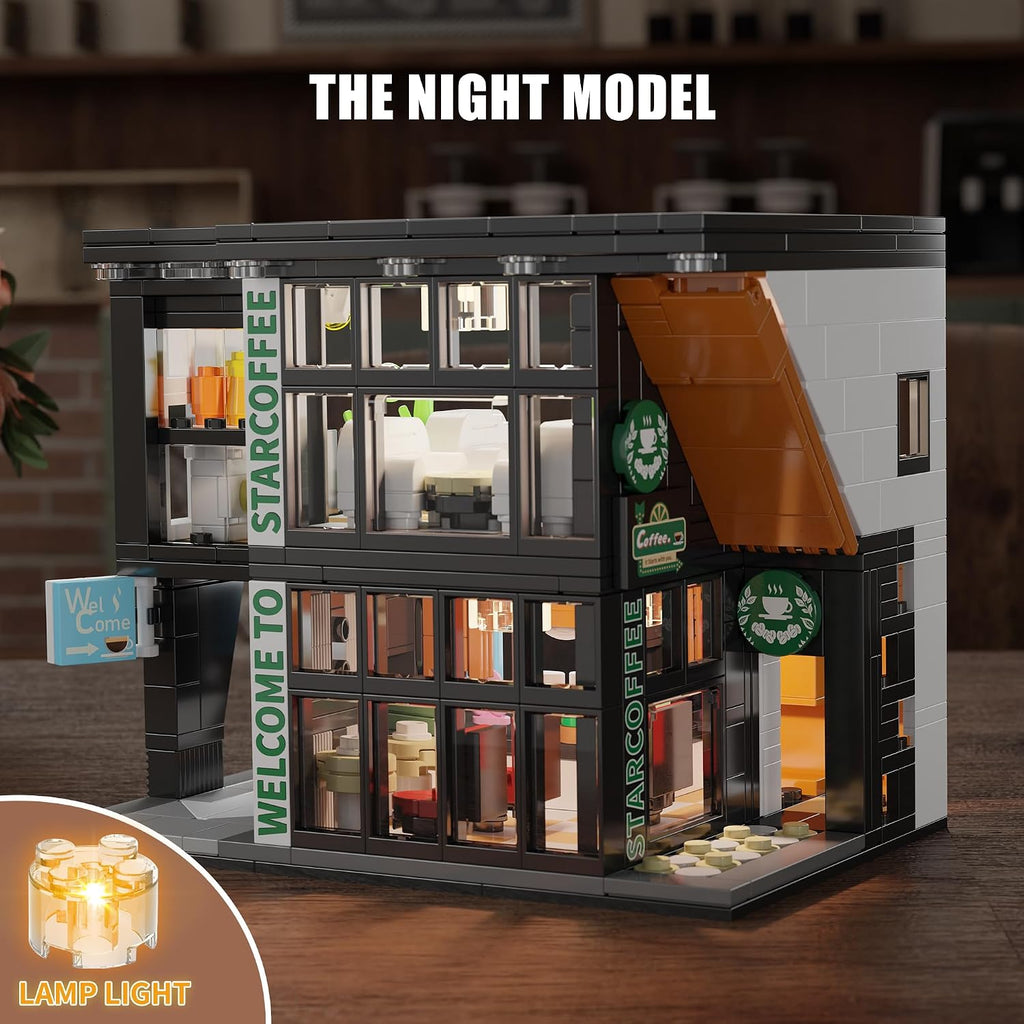 City Coffee Shop Building Block Set, 581PCS Architecture Model with Lights