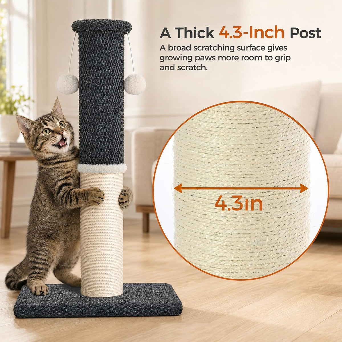 Made4Pets Tall Cat Scratching Post, 33" Sisal & Carpet Scratcher