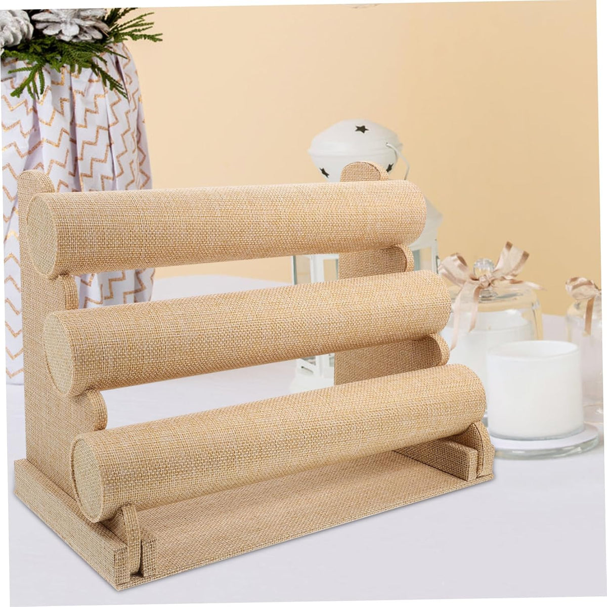 Bracelet Display Stand Multi Tier Tabletop Holder for Displays PVC Linen Wood Build, Beige Finish, Secure Platform for Collections, Versatile Use on Cases