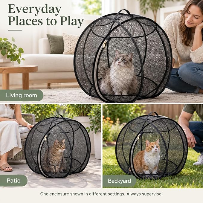 rolling cat playpen with Top Handle, Foldable Mesh, 27.6 in (Black) Black mesh cat playpen with a top handle, zippered opening and foldable design; 27.6 x 27.6 x 27.6 in when open.