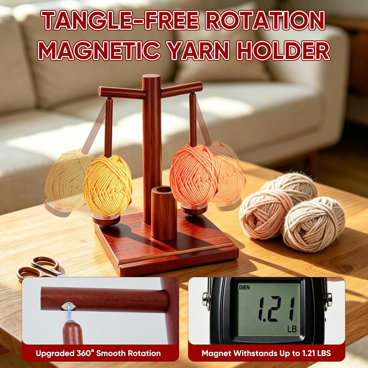 Wooden Yarn Holder for Crocheting and Knitting with Dual Magnetic Spindles