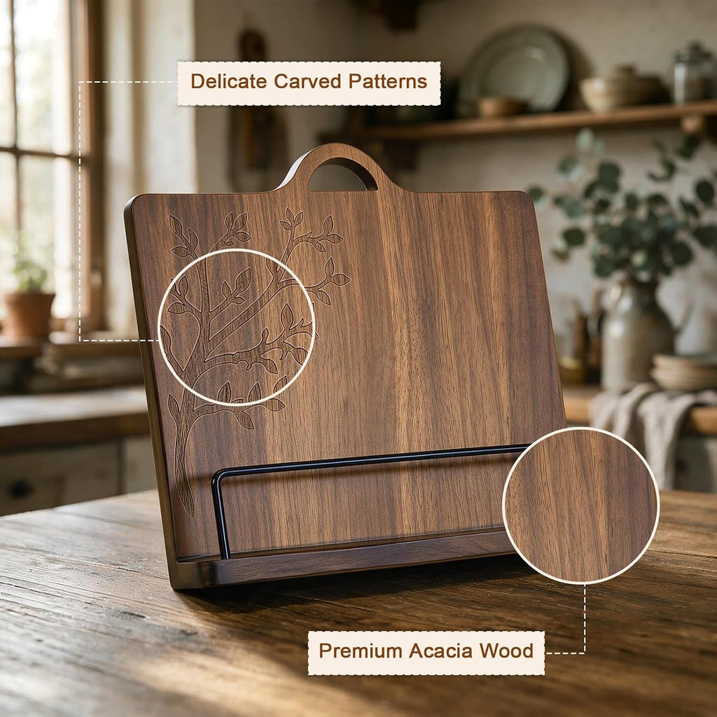 Acacia Wood Cookbook Stand for Kitchen Counter - Wooden Recipe Book Holder