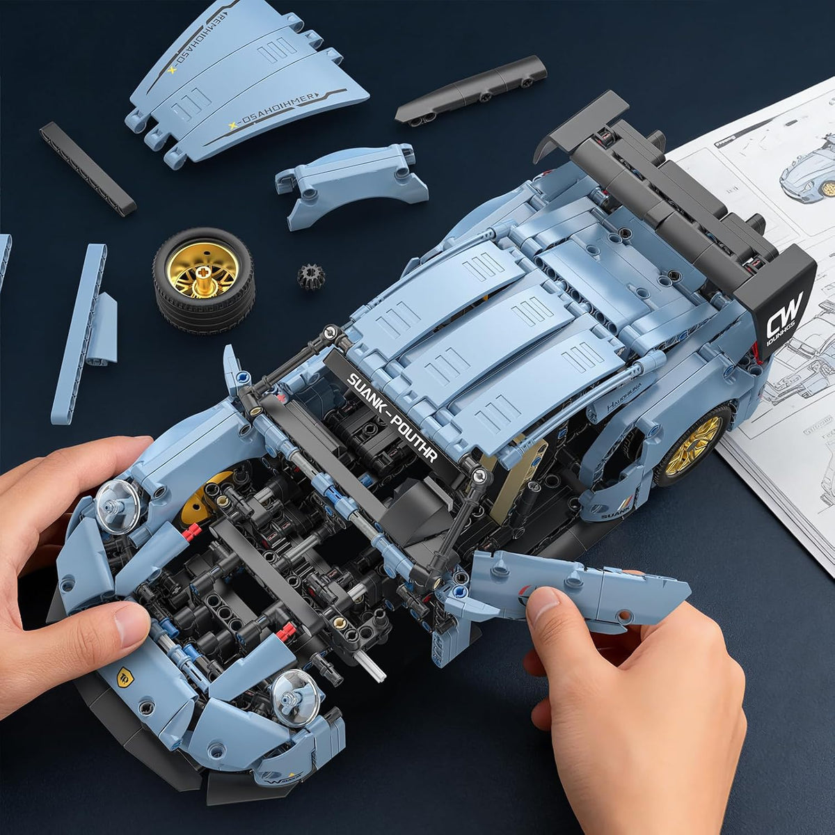 1:14 Blue Race Car Building Blocks, 973-Piece Supercar Model Kit