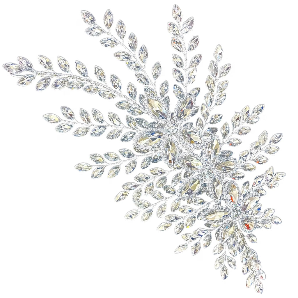 Bridal Crystal Hair Band, Silver Floral Leaf Wedding Headband with Ribbon & Adjustable Metal Band