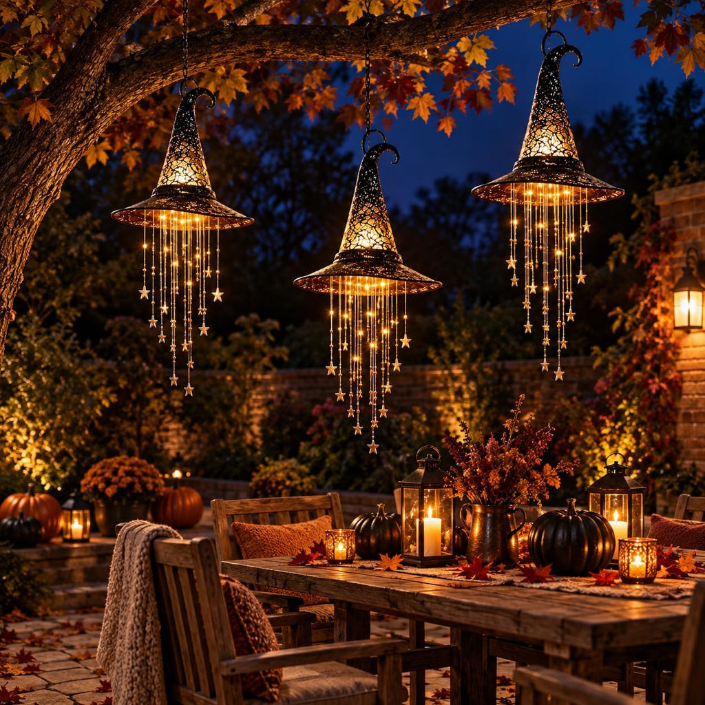Lighted Witch Hat Hanging Decor with Star Lights for Halloween