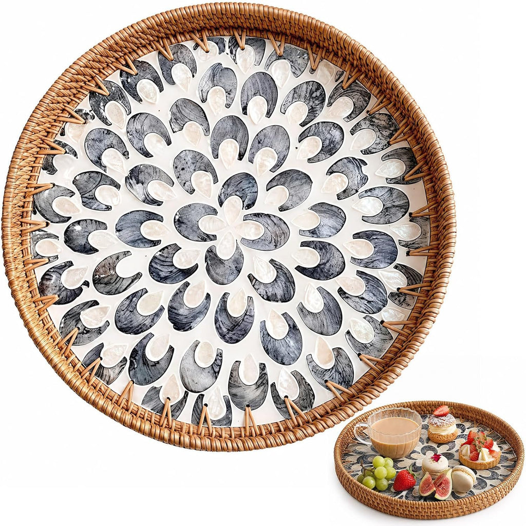 Round Rattan Tray with Shell Inlay, Decorative Serving Tray for Home Decor
