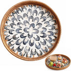 Round Rattan Tray with Shell Inlay, Decorative Serving Tray for Home Decor