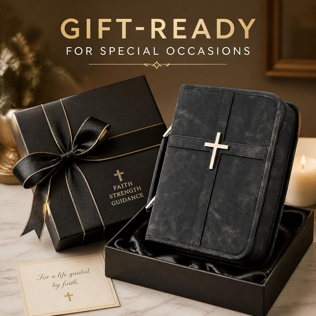 Vegan Leather Bible Cover for Men Women, Black Bible Case with Zipper Handle