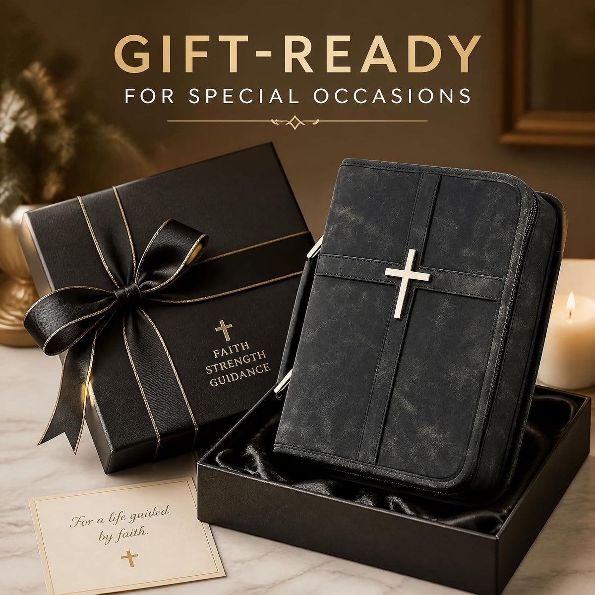 Vegan Leather Bible Cover for Men Women, Black Bible Case with Zipper Handle