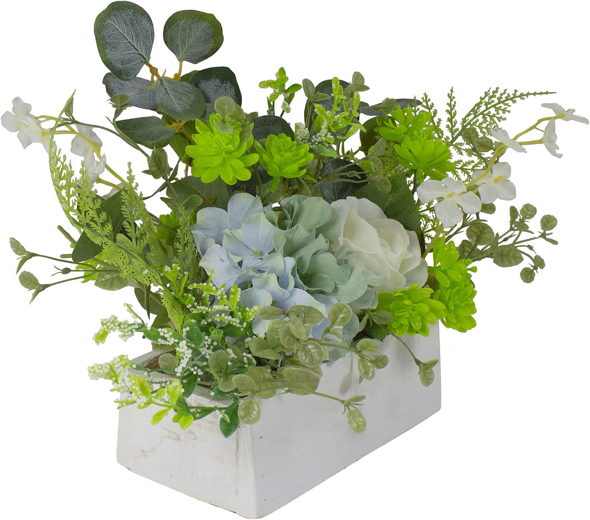 Hydrangea and Rose Artificial Floral Arrangement in Planter, 14", Blue and White