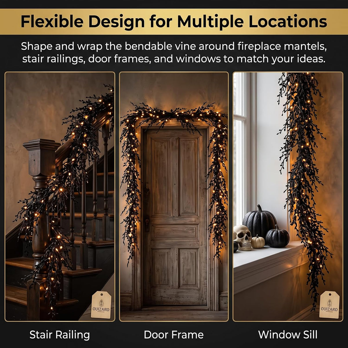 Halloween Garland with Lights Black Vine Mantel Decor (1.8M) Spooky Lighted Design Creates A Dark Holiday Atmosphere For Mantels, Stairs, Doors And Party Spaces.