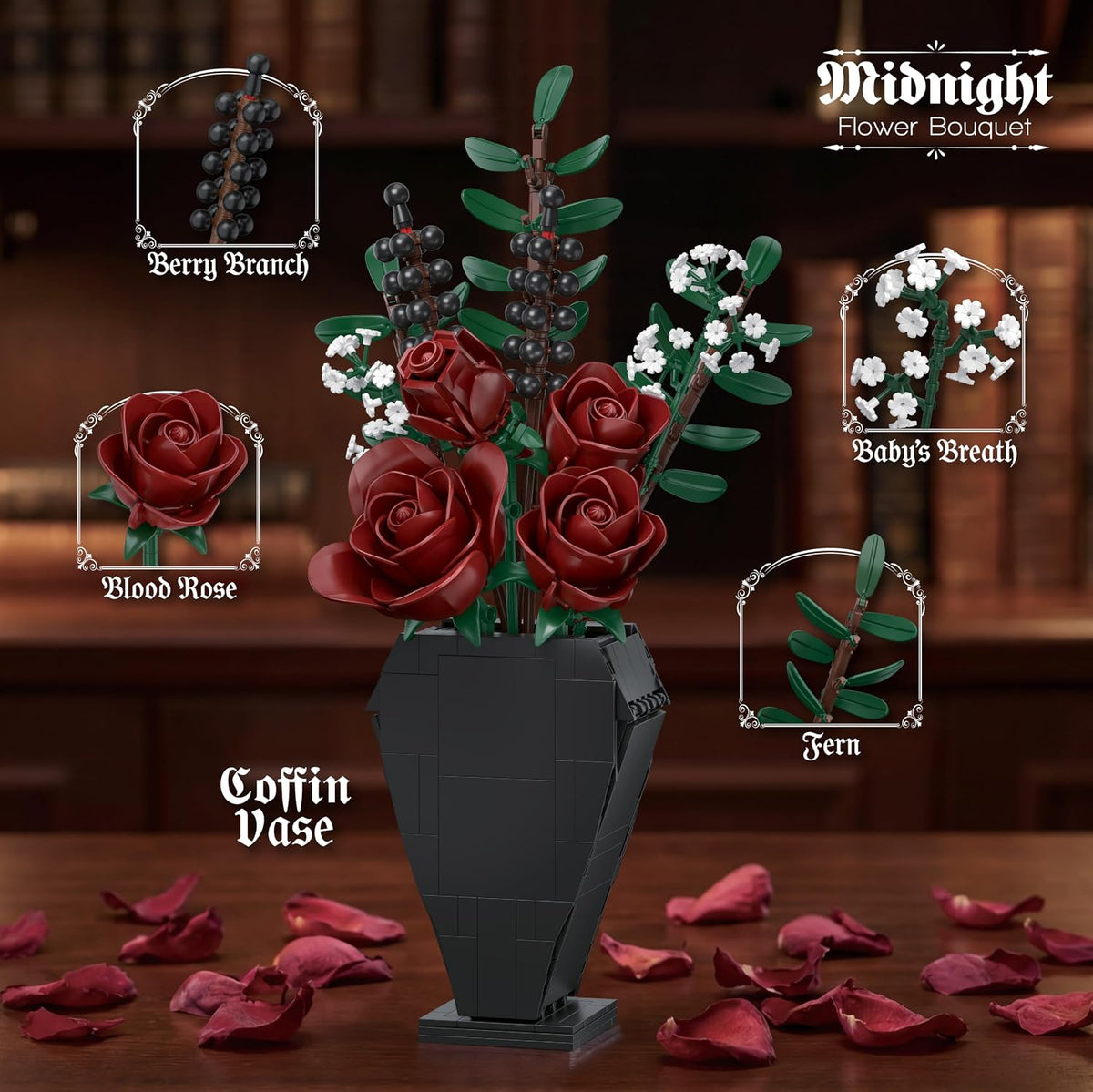 Midnight Flower Bouquet Building Set, Gothic Blood Rose with Coffin Vase, 596 Pieces