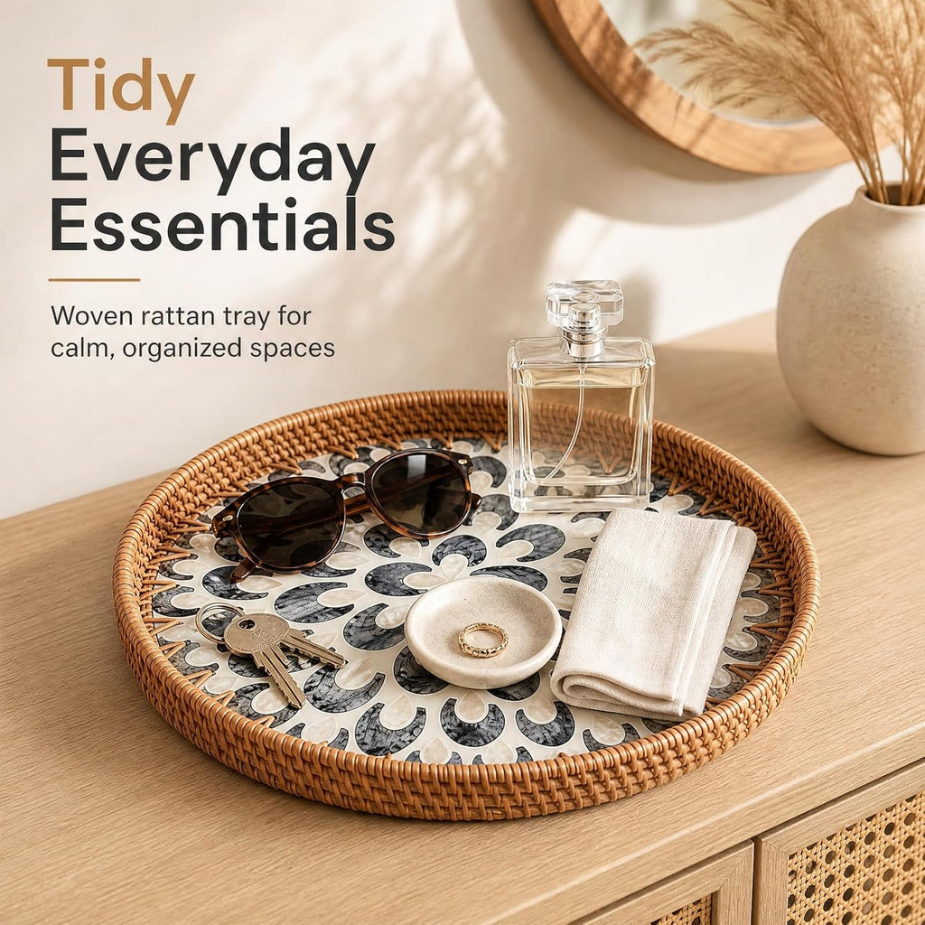 Round Rattan Tray with Shell Inlay, Decorative Serving Tray for Home Decor