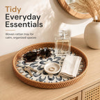 Round Rattan Tray with Shell Inlay, Decorative Serving Tray for Home Decor