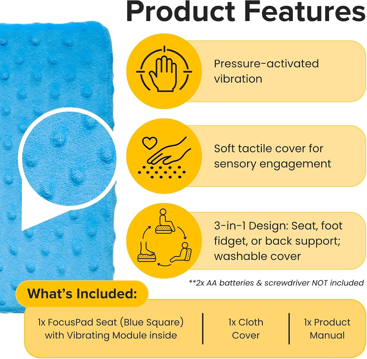Special Needs Essentials FocusPad Vibrating Sensory Seat Cushion - Wiggle Seat & Foot Fidget for Kids and Adults with ADHD or Autism, Classroom & Home | Blue Textured Square