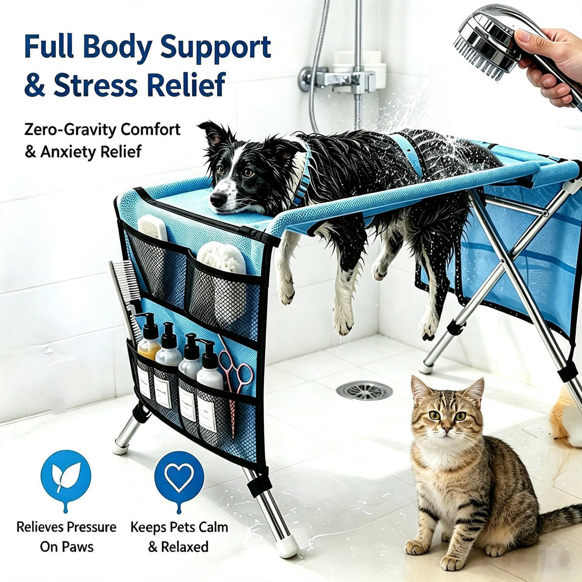 Dog Shower Hammock, Chair & Holder Stand – 2026 Upgrade Foldable，Blue