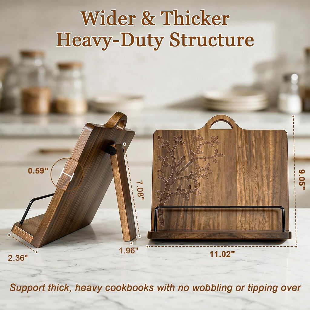 Acacia Wood Cookbook Stand for Kitchen Counter - Wooden Recipe Book Holder