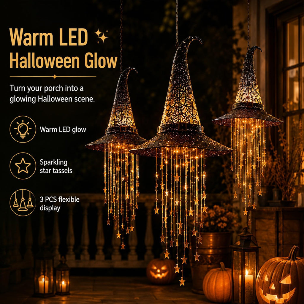 Lighted Witch Hat Hanging Chime, Halloween Hanging Witch Hats with Lights