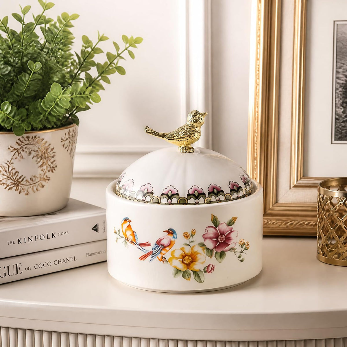 Ceramic Sugar Bowl with Lid, Floral Bird Vintage Kitchen Storage Canister