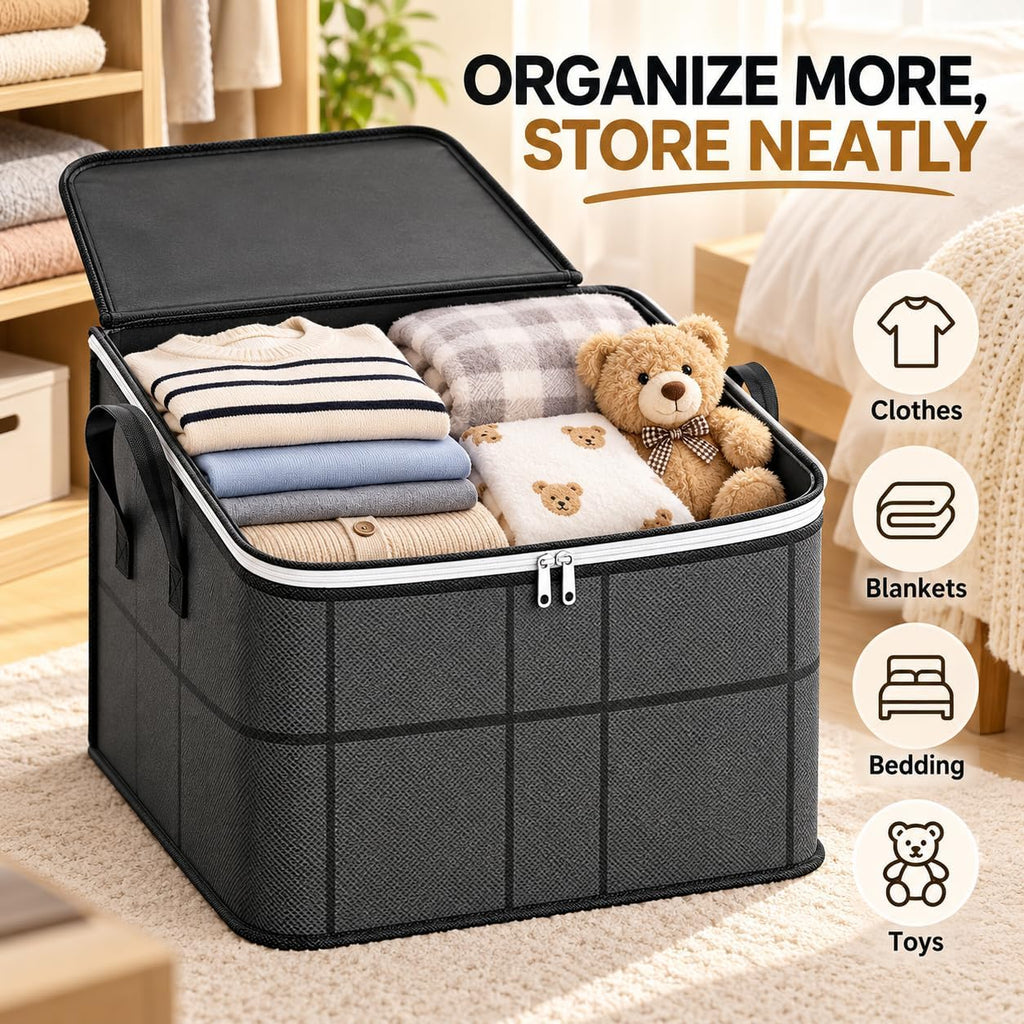 Foldable Storage Bag with Zipper, Clothes & Blanket Storage, S-XL (M) Nonwoven foldable storage bag with zippered lid and side handles; S/M/L/XL sizes for clothes, blankets, bedding and toys.