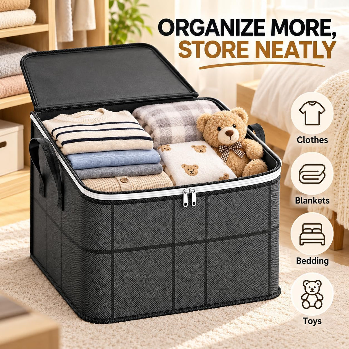 Foldable Storage Bag with Zipper, Clothes & Blanket Storage, S-XL (M) Nonwoven foldable storage bag with zippered lid and side handles; S/M/L/XL sizes for clothes, blankets, bedding and toys.