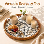 Round Rattan Tray with Shell Inlay, Decorative Serving Tray for Home Decor
