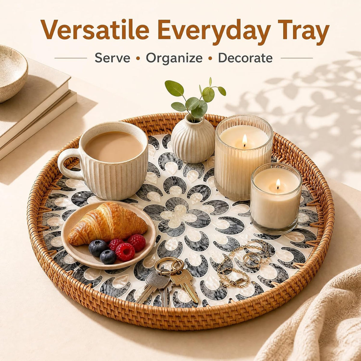 Round Rattan Tray with Shell Inlay, Decorative Serving Tray for Home Decor
