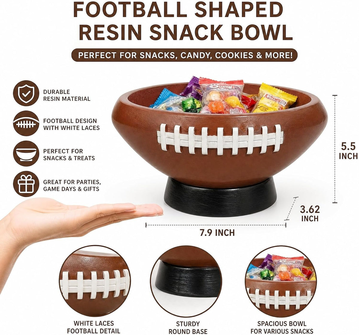 Football Bowl Serving Tray, 7.9 x 5.5 x 3.62 Inches, Reusable Resin Snack Bowl