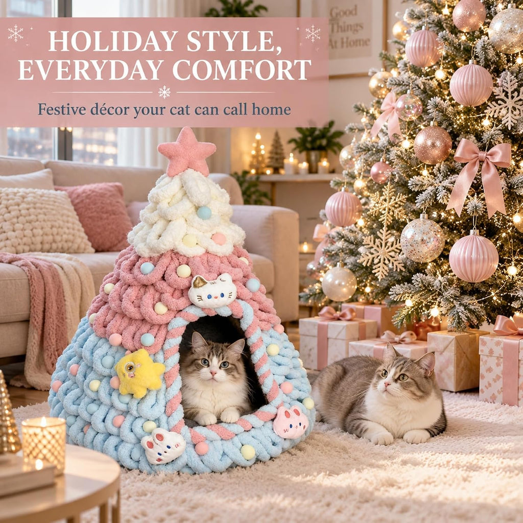 Christmas Tree Cat Bed Cave with Felt and Gauze，Pink