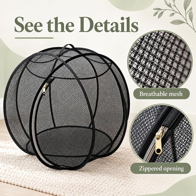 rolling cat playpen with Top Handle, Foldable Mesh, 27.6 in (Black) Black mesh cat playpen with a top handle, zippered opening and foldable design; 27.6 x 27.6 x 27.6 in when open.