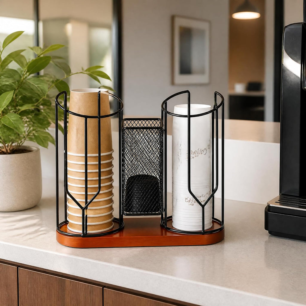 Coffee Cup and Lid Holder for Countertop, Disposable Coffee Organizer Station with Wooden Base